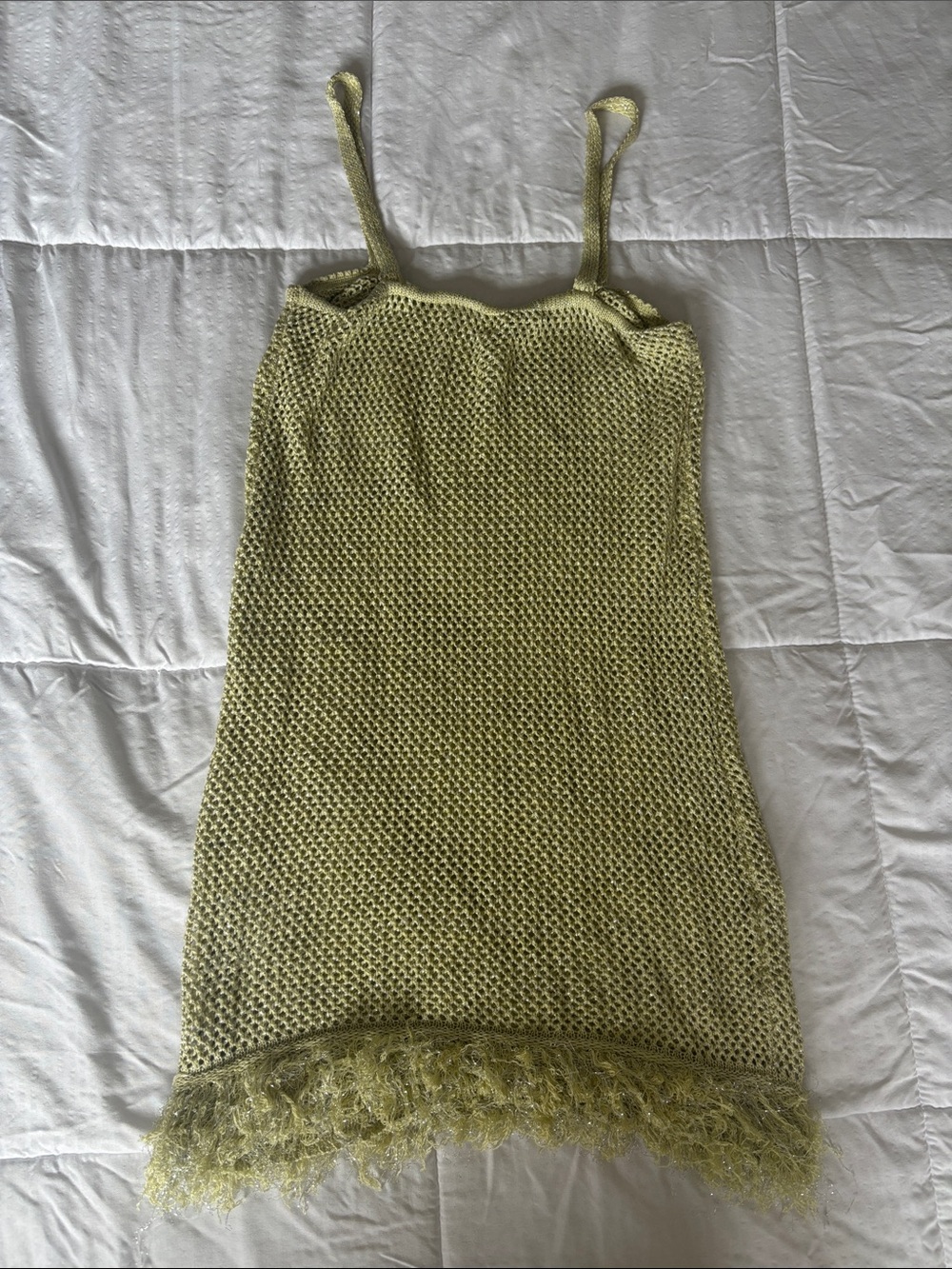 Lime Knit Slip Dress with Fringed Hem